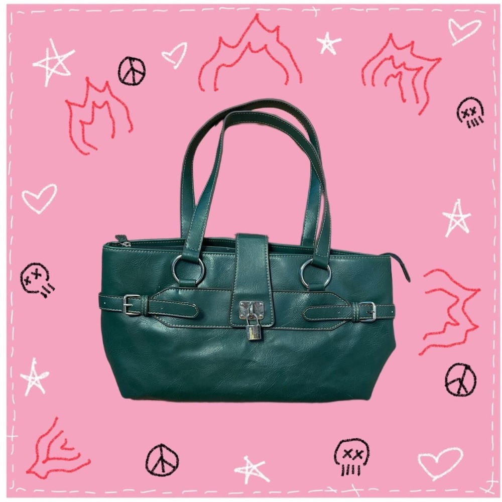 green leather handbag